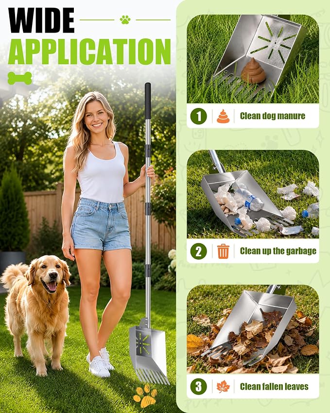71" Stainless Steel Pooper Scooper, 3-Adjustable Angle Dog Shovel & Rake | Heavy Duty Metal Poop Scoop for Large Dogs with Adjustable Long Handle Outdoor Yard Pet Waste Removal Shovel