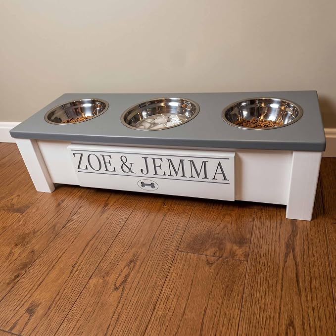 3 Bowl Dog Feeding Station, Personalized Triple Bowl Food Stand Small Dogs | Farmhouse Style, Elevated Wood Stand, Storage Container, Stainless Steel Bowls, Raised Feeder, Small Breed, Made in USA