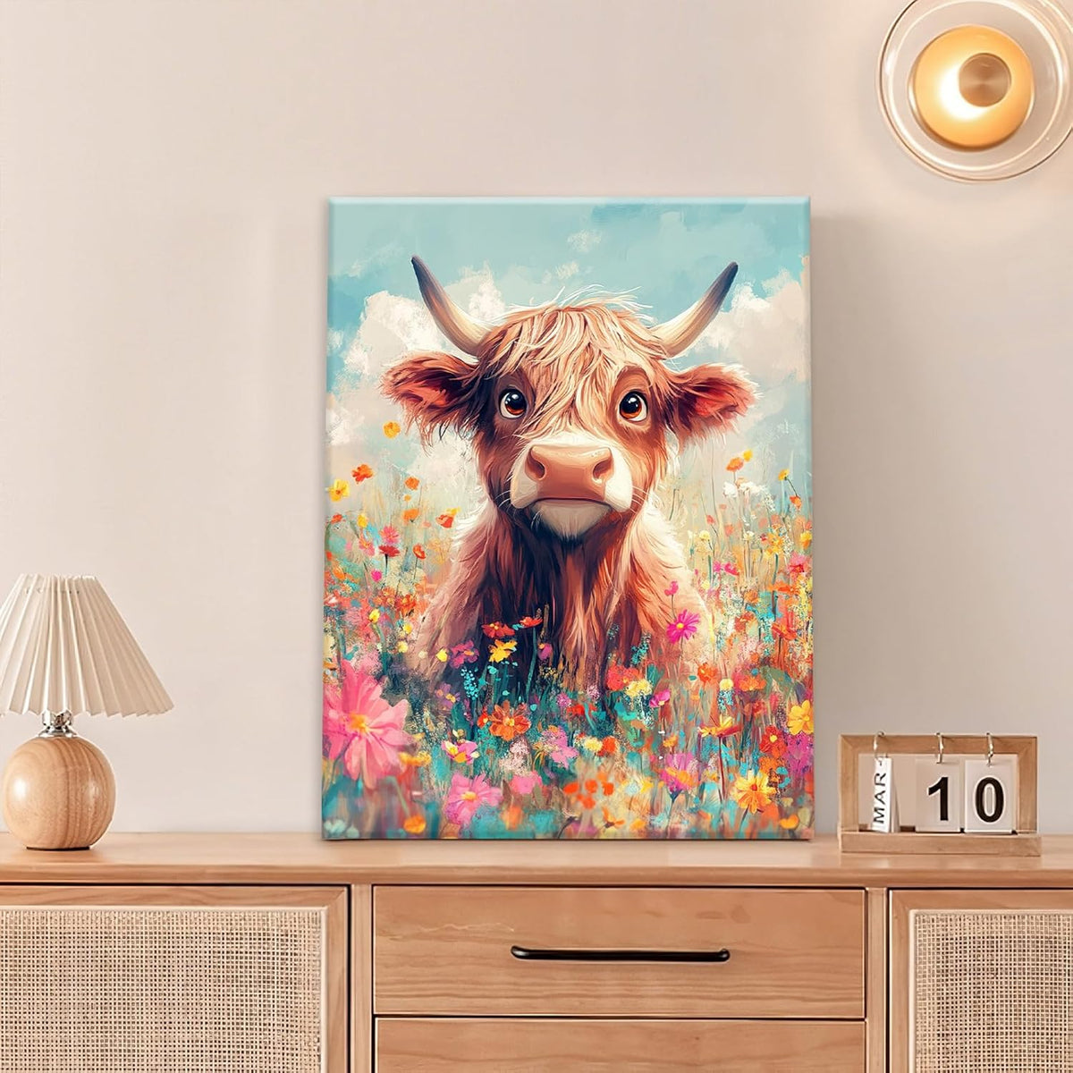 Highland Cow Wall Art Canvas Flower Cattle Wall Decor Prints Framed Painting Animal Pictures Gifts Artwork for Bathroom Living Dining Kitchen 16"x20"