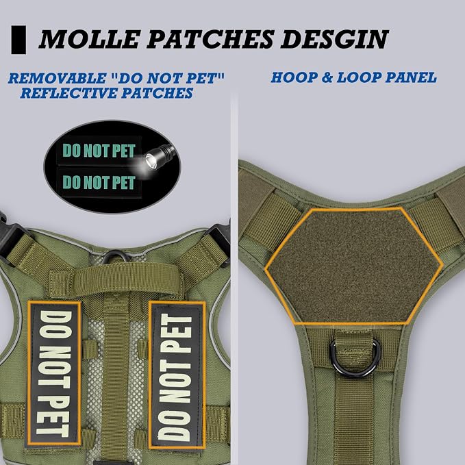 Tactical Dog and Cat Harness for XS and Small Puppy, Air Pet Vest No Pull with Reflective Do Not Pet Patches, Breathable Dog Molle Vests for Training Walking Hunting Green