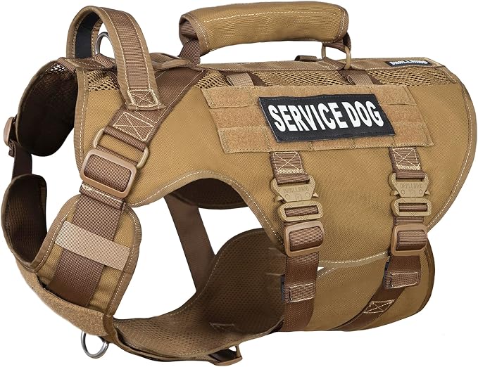 Service Dog Vest for Large Dogs, Brown Tactical Harness with Military MOLLE, Breathable Mesh & 39g Metal Buckle - Size XL for Training & Hiking