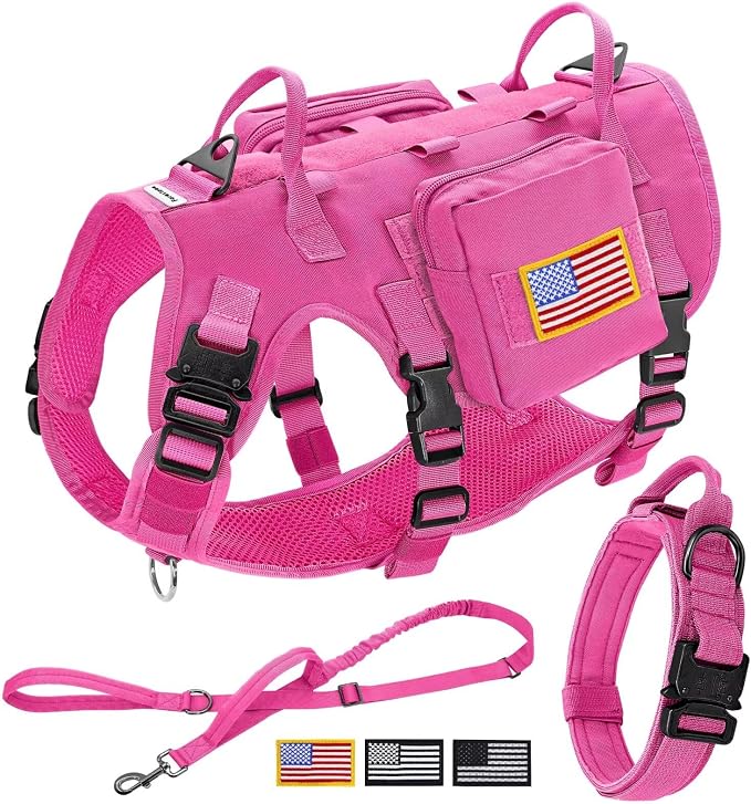 Forestpaw Tactical Dog Harness Collar Bungee Leash Set,L,Hot Pink | Adjustable Fits 27-40" Chest,70-140 lbs,No Pull Control Military,Quick Release Buckle,Walking Training for Medium Large Dogs