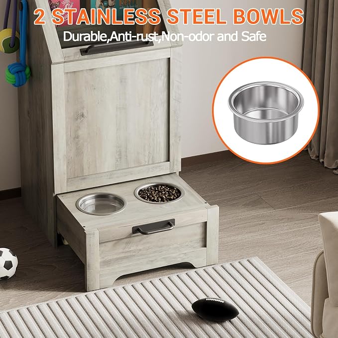 Dog Feeding Station, with Pet Feeding Station,Flip Top Dog Food Storage Cabinet, 2 Elevated Bowls, Includes 3 Hooks for Accessories – Space-Saving Design, Grey