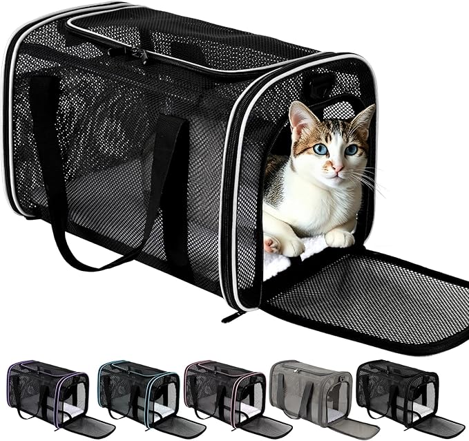 Cat Carrier, Soft-Sided Pet Carrier Bag, Breathable Mesh, Black (White, 20 * 13 * 13)