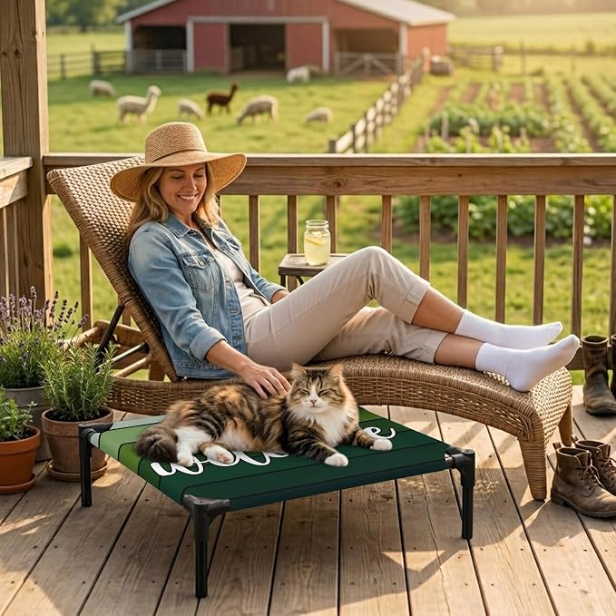 Outdoor Elevated Dog Bed for Small Dogs, Green Wooden Grain Breathable Cooling Raised Dog Cot for Indoor/Outdoor, Ombre Farmhouse Country Wood Plank Waterproof Elevated Pet Beds, S 20 x 20 in