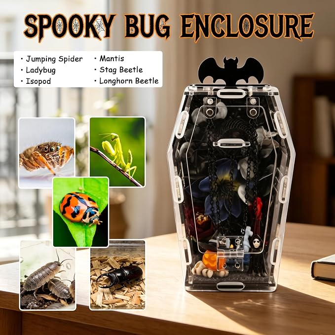 15 Pcs Acrylic Spider Enclosure Kit with Magnetic Door | Gothic Coffin Design, 3mm Clear Acrylic, Magnetic Feeding Port, DIY Decor Set, Spider Habitat, Tool-Free Assembly