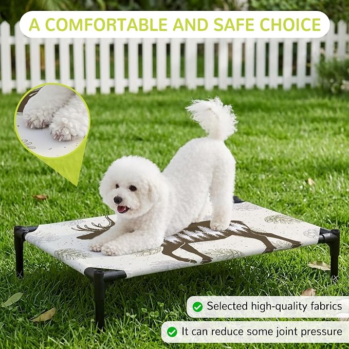 Outdoor Elevated Dog Bed for Medium Dogs, Brown Moose Breathable Cooling Raised Dog Cot for Indoor/Outdoor, Trees Pine Cones Elegant Pastoral Waterproof Elevated Pet Beds, M 24 x 20 in