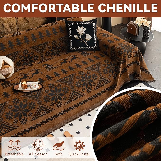 VClife Boho Couch Cover for Christmas 1 Piece Soft Warm Couch Cover for Sectional Sofa, Washable Pumpkin and Black Jacquard Loveseat Sofa Covers for Home Office RV 71"x118"