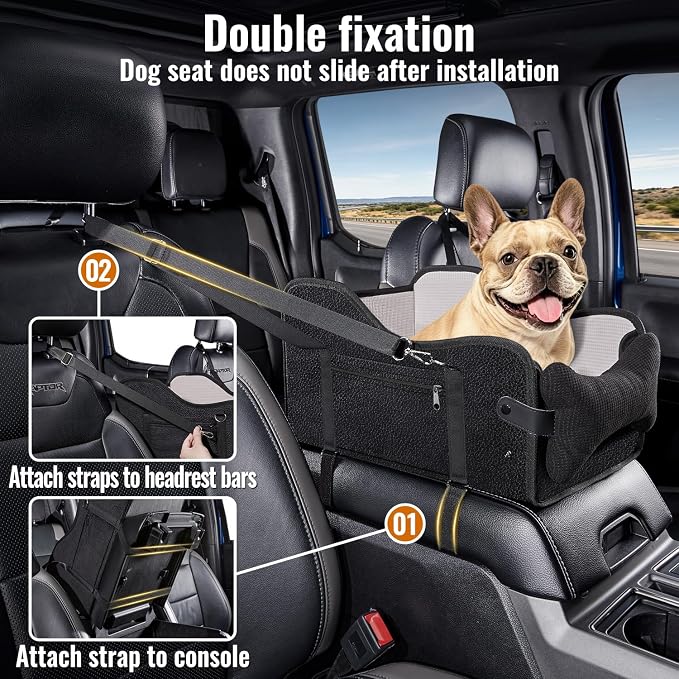 MAXFUT Center Console Dog Car Seat for Small Dogs,Fit for Full Size Truck | Equipped with Soft Padding and Pillow,Double Fixation,Pet Booster with Safety Belt,Puppy Car Seat for Small Dogs 0-30 lbs