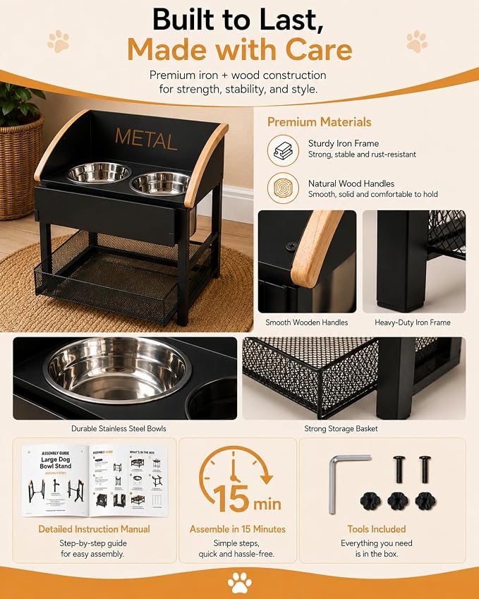 Elevated Dog Bowls for Large Breed Dogs with Storage Basket, 13 Inch Tilted Raised Dog Bowl Stand with Stainless Steel Bowls, Metal Dog Feeding Station