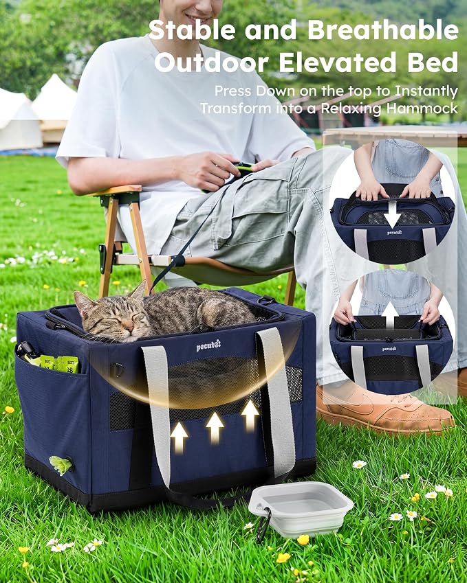 Pecute Top Expandable Cat Carrier Sturdy Pet Bag with 5mm Anti-Collapse Steel Frame, Soft Dog Carrier for Car Travel Vet Visits Outdoor Hammock,Foldable Travel Crate with Leakproof Pee Pad & Bowl,Blue
