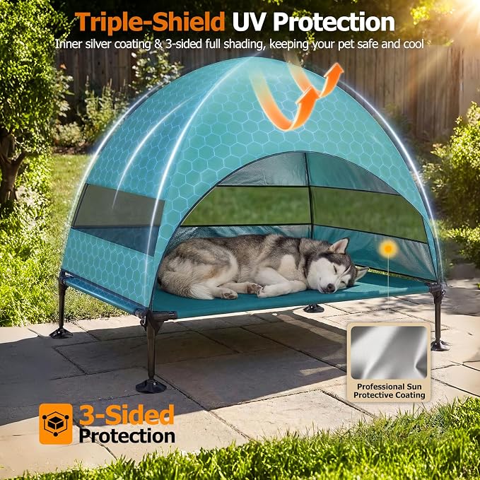 Elevated Dog Bed with UV-Proof Canopy, Outdoor Dog Tent with Powerful Adjustable Feet, Portable Pet Cot with Wider Shade, Raised Cooling Bed for Camping, Patio, Beach, Poolside