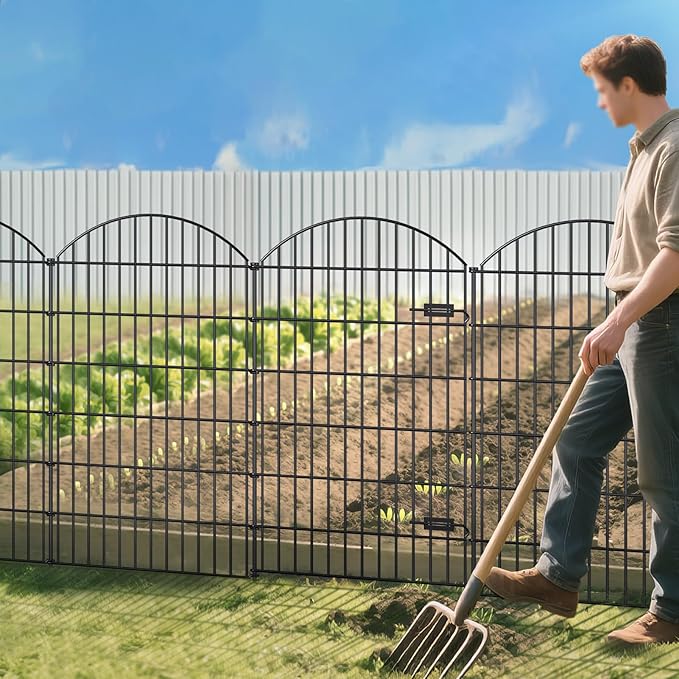 FOREHOGAR Metal Garden Fence with Gate 48in (H) x 20.3ft (L), 1 Gate+ 7 Panels Dog Fences Border Fence Animal Barrier, No Dig Garden Fencing for Yard Flower Bed Lawn Patio Outdoor, ECG4808G, Black