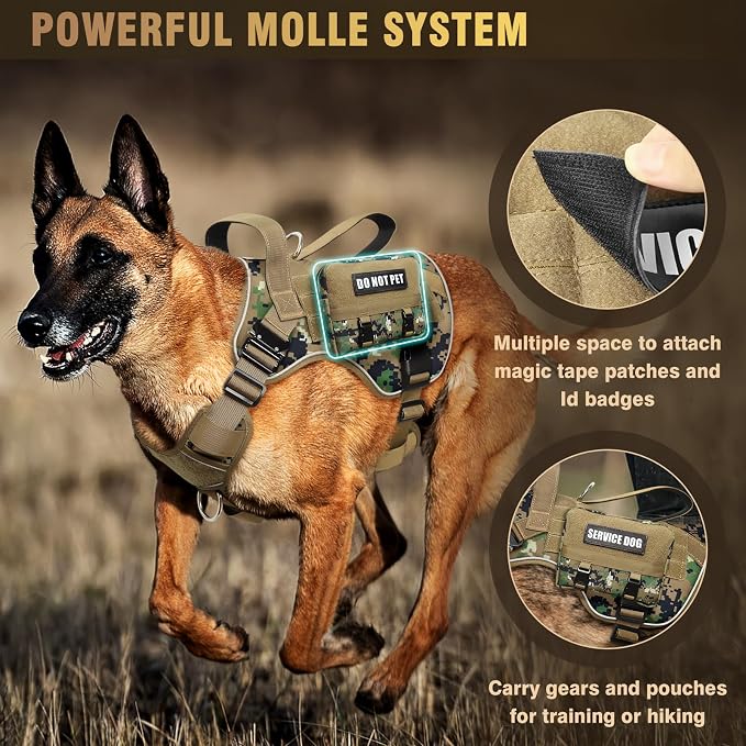 2X Metal Buckle Service Working MOLLE Dog Vest with 10 Pet Patches | Tactical Dog Harness for Medium Dog, No-pull Military Working Vest for Training Hunting Walking，2x D Rings for Leash Clip