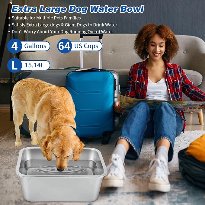 BWOGUE 4 Gallons Extra Large Dog Water Bowl for Large Dogs, Stainless Steel | Stainless Steel Dog Bowl, 1 Pack Large Water Bowl for Dogs, Wide Deep Bowl, Rectangular Shape, Easy to Clean, Outdoor Use