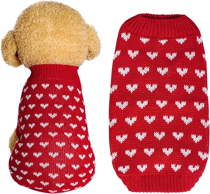 Dxhycc Dog Knitted Heart Sweater Puppy Sweater Warm Soft Pet Holiday Clothes for Medium Cats and Dogs (Red, L)