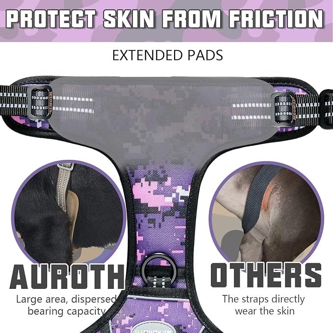 Auroth Tactical Dog Harness for Small Medium Large Dogs No Pull Adjustable Pet Harness Reflective K9 Working Training Easy Control Pet Vest Military Service Dog Harnesses (L, Purple Camo)