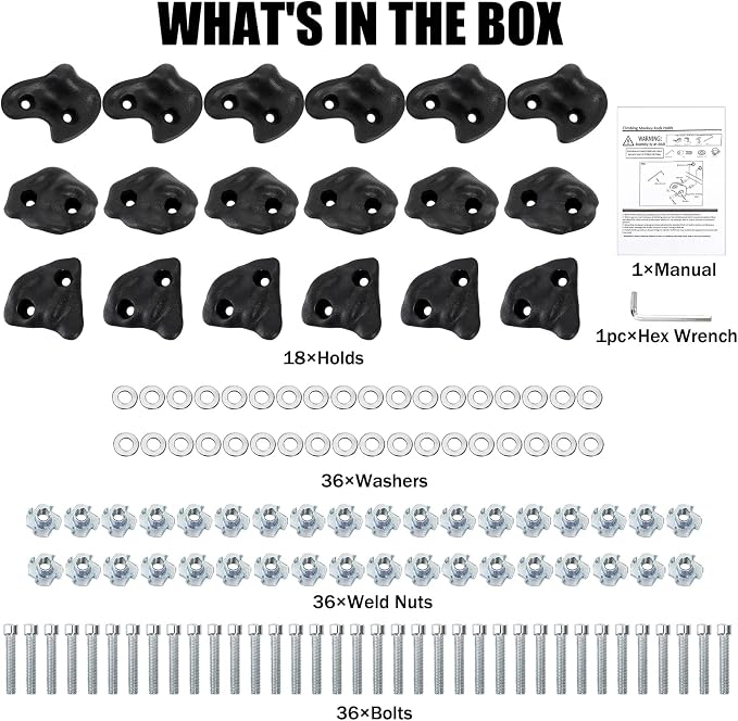 ZENFUN 18 Pc Rock Climbing Holds, Indoor & Outdoor Rocks Wall Climbing Kit, Black Rock Climb Holds Playground Play Set, Multi-Shape Climbing Rock Wall Grips with Mounting Hardware