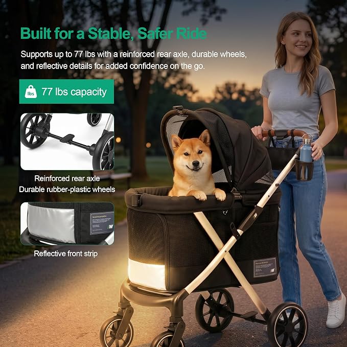JWX Premium Pet Stroller for Small to Medium Dogs, Cats & Small Pets, One-Hand Fold Travel System, 77 lbs Capacity, All-Season Comfort Liner, Aluminum Frame, Front & Rear Entry