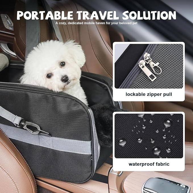Center Console Dog Car Seat for Small Dogs,Dog Booster Car Seat with Safety Belt and Pockets,Portable Pet Armrest for Puppy Cat Under 13 lbs (Black)