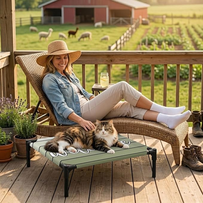 Outdoor Elevated Dog Bed for Small Dogs, Sage Green Wooden Grain Breathable Cooling Raised Dog Cot for Indoor/Outdoor, Gradient Farmhouse Wood Plank Waterproof Elevated Pet Beds, S 20 x 20 in