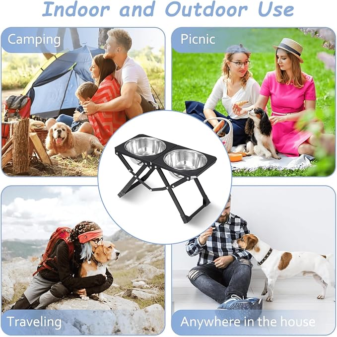 Foldable Elevated Dog Bowl Holder with 2 Large 58oz Stainless Steel Bowls, 10.2" Tall Raised Dog Bowl Stand for Medium/Large Breeds, Indoor and Outdoor Use