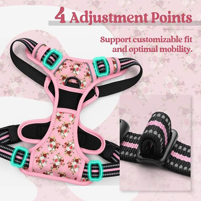 rabbitgoo Dog Harness, No Pull for Large Dogs with 2 Leash Clips, Pet Vest | No Choke with Handle, Adjustable Soft Padded, Reflective, Easy Control for Walking, Pink Rose, Large