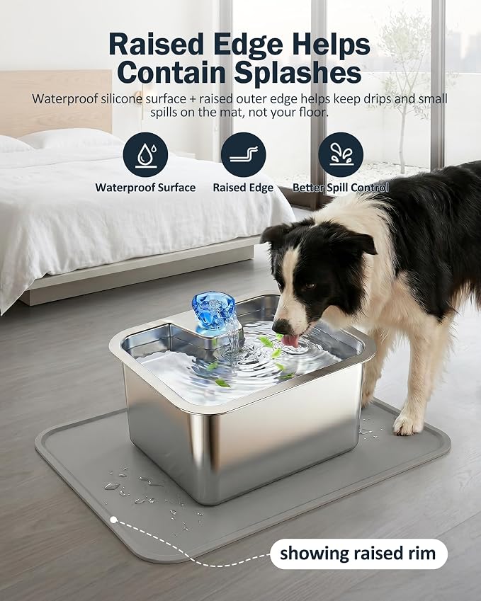 Dog Water Fountain Splash Mat, Waterproof Silicone Pet Feeding Mat, Non-Slip Floor Protector for Dog Water Bowl Dispenser & Cat Fountain, Raised Edge, Easy to Clean
