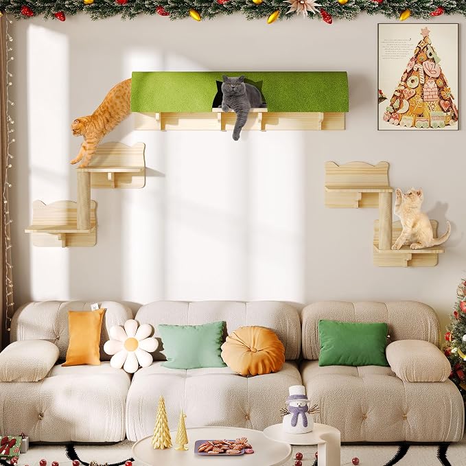 7-in-1 Cat Shelves for Wall, Cat Wall Furniture Set with Tunnel | Multi-Level Floating Cat Shelves for Space Saving, Solid Wood Cat Climbing System with Scratching Posts, Burlywood