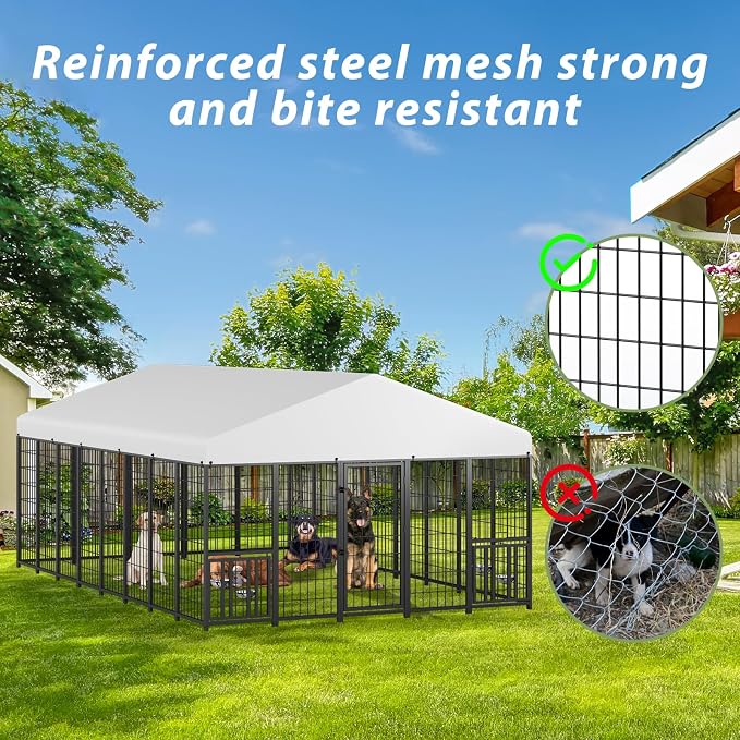 LOVMOR 16' x 10' Outdoor Dog Kennel with Roof for Large Dogs | Heavy duty steel frame, waterproof canopy, double latch door, adjustable feeding bowls for yards and patios