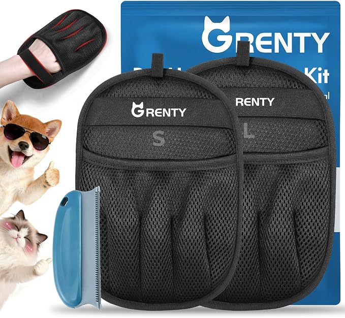 GRENTY 2 PCS Pet Hair Removal Glove for Dogs & Cats, Upgraded Five-Finger Electrostatic Magic Brush Pet Hair Remover, Pet Hair Removal Tools for Clothing, Carpet, Sofa Gaps, Car Seat