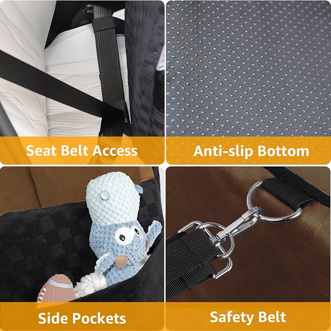 PETICON Waterproof Dog Car Seat for Small Medium Dogs, 5in Memory Foam | Pet Booster Seat for Dogs up to 35 lbs with Pockets, Detachable Washable Pet Carseat with Y-Shape Safety Belt