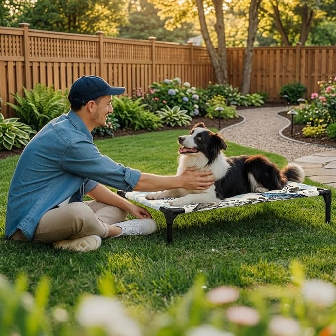 Outdoor Elevated Dog Bed for Medium Dogs, Blue Floral Breathable Cooling Raised Dog Cot for Indoor/Outdoor, Rustic Birds Flowers Vintage Branch Garland Waterproof Elevated Pet Beds, M 24 x 20 in