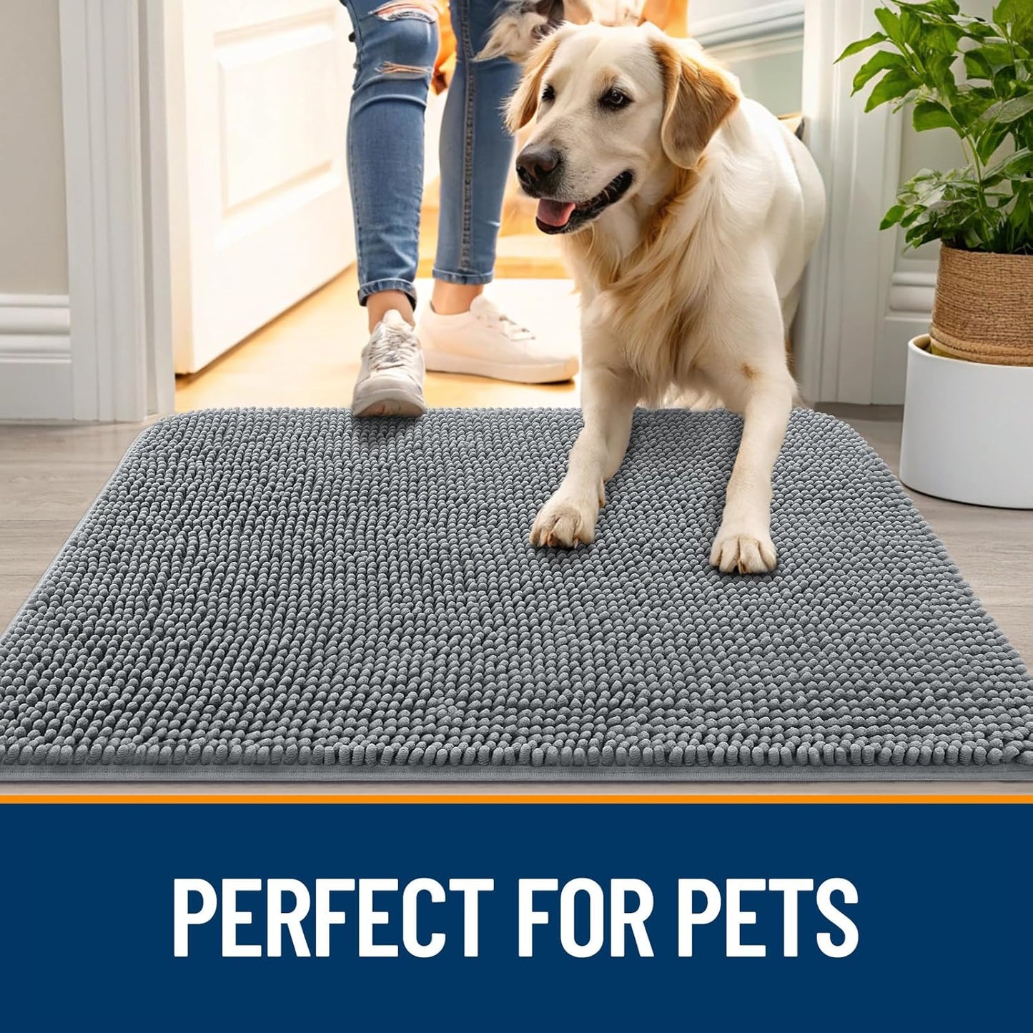OLANLY Dog Door Mat for Muddy Paws 30x20, Absorbs Moisture and Dirt, Absorbent Non-Slip Washable Doormat, Quick Dry Chenille Mud Mat for Dogs, Entry Indoor Entryway Carpet for Inside Floor, Grey
