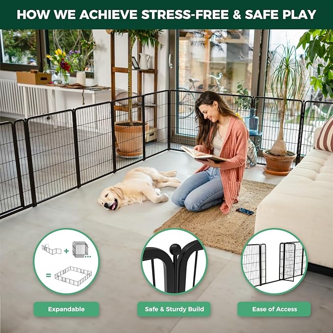 FXW Homeplus Unleashed Indoor Dog Playpen - Stress-Free and Safe Play, Heavy Duty 40 Inch 24 Panels Dog Pen for Medium and Large Dogs, Black│Patented
