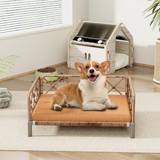 Indoor & Outdoor Dog Bed, Elevated All-Weather Wicker Pet Sofa with Washable Waterproof Cushion, Durable Rattan Dog Couch for Small Dogs, Brown