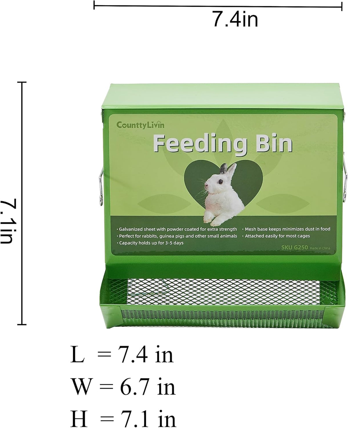 Metal Small Animal Feeder with Lid, Heavy Duty, Large Capacity Food Dispenser, Great for Rabbits, Guinea Pigs, Chinchillas and Other Small Animals (7.4 inch, Green)