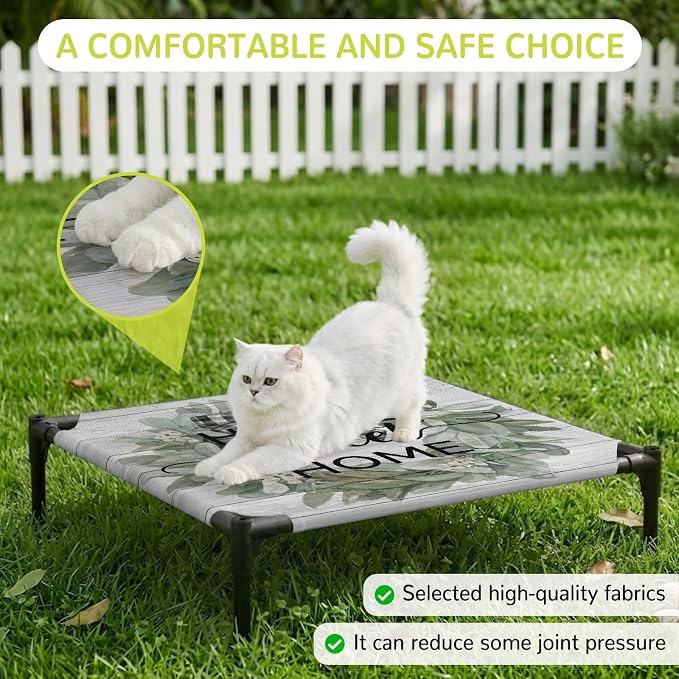 Outdoor Elevated Dog Bed for Small Dogs, Farmhouse Leaves Breathable Cooling Raised Dog Cot for Indoor/Outdoor, Florals Country Vintage Gray Wood Waterproof Elevated Pet Beds, S 20 x 20 in