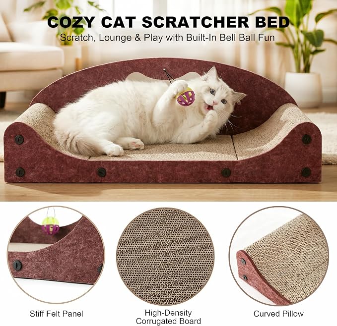 21" Cat Scratcher Bed, Scratcher Couch for Indoor Cats, Cardboard Scratcher Sofa, Durable Scratch Pad with Ball, Furniture Protector (Brown, Medium)