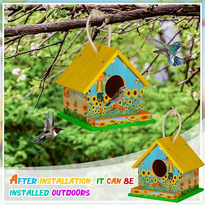 Liliful 12 Sets Wooden DIY Birdhouse Kit Unfinished Bird Houses with Paints and Paintbrushes Bird Feeder Craft Arts for Boy or Girl Classroom Activity and Christmas Kids Wooden Craft Gifts