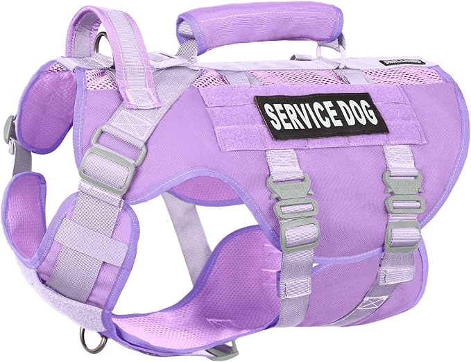 Service Dog Vest for Large Dogs, Purple Tactical Harness with Military MOLLE, Breathable Mesh & 39g Metal Buckle - Size L for Training & Hiking