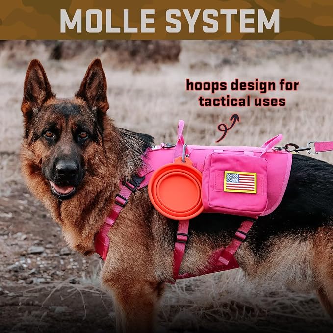 Forestpaw Tactical Dog Harness Collar Bungee Leash Set,M,Hot Pink | Adjustable Fits 22-35" Chest,30-80 lbs,No Pull Control Military Style,Quick Release Buckle,Walking Training for Medium Dogs