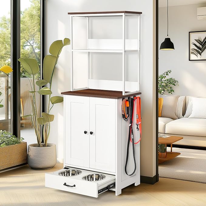 Pet Feeding Station Storage Cabinet with Bowls and Rack, Adjustable Panel,Pet Feeder Station for Dogs Cats for Feeding & Watering Supplies with 2-Level Shelving