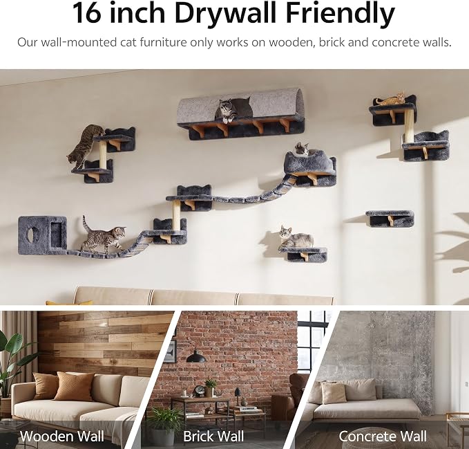 16-in-1 Cat Wall Shelves, Cat Furniture w/Tunnel & Bridge, Grey | Wall Mounted Cats Shelf Set with Plush Fabric, Cat Climbing Wall Systems for 16 Inch Drywall, with Scratching Posts, Condos