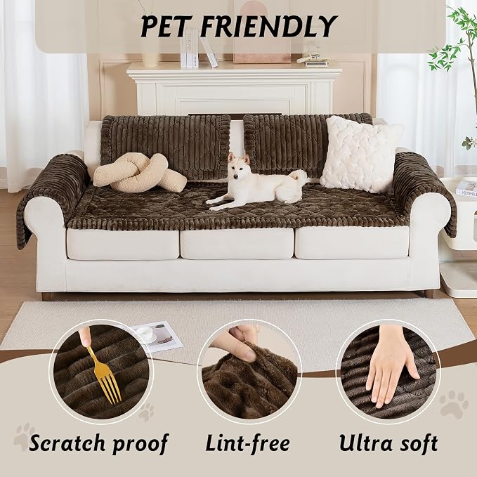 PuTian 100% Waterproof Fuzzy Couch Cover for Dogs Brown 27.6"x70.9" | Pet Friendly Dog Mat for Couch, Waterproof Sofa Protector, Scratch Resistant Furniture Cover for Dogs, Machine Washable