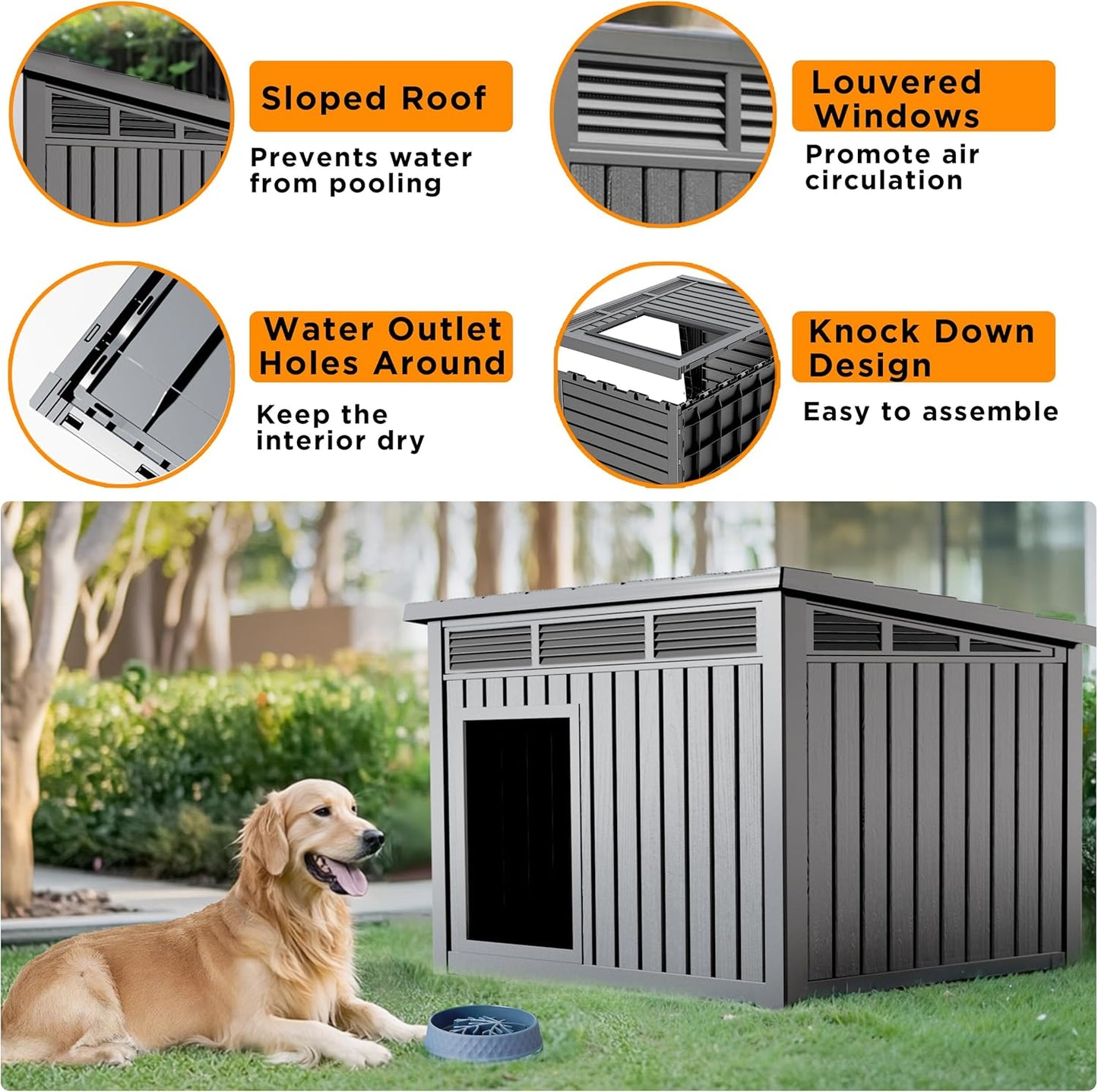 VIXZEN Dog House Indoor Outdoor,Waterproof Dog House for Small to Medium Dogs,Doghouse with Air Vents and Elevated Floor,Openable at The Top,Easy to Assemble and Clean,Gray,32.2"×25.12"×24.13"