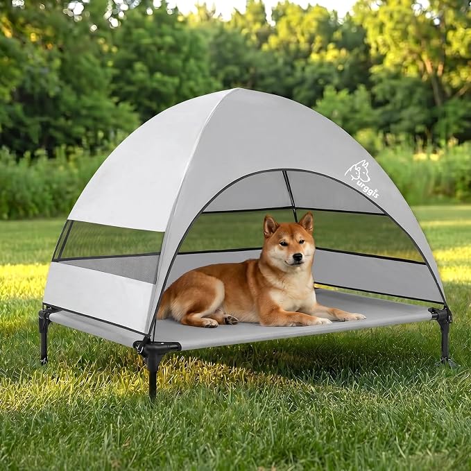 Upgraded Elevated Dog Bed with Canopy, Portable Raised Outdoor Dog Bed with Stable Anti-Slip Feet, Removable Wider Shade, Raised Dogs Cot for Large Pets Camping, Indoor & Outdoor Use