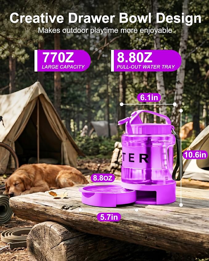 77oz Dog Water Dispenser, 2.2L Large Portable Dog Water Bottle with Pull-Out Drinking Bowl, BPA Free Leak-Proof Pet Travel Water Container for Camping, Hiking, Beach, Car Travel Essentials- Purple