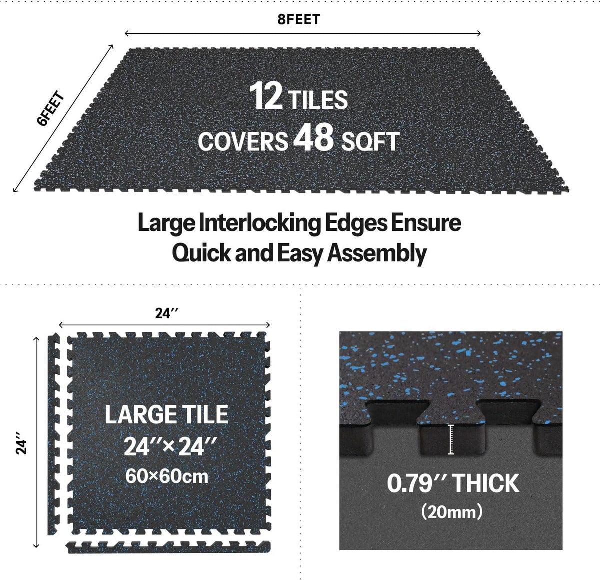 AIRHOP 0.79in Thick 48 Sq Ft Exercise Equipment Mats, 12 Tiles Upgraded Rubber Top with High Density EVA Foam, Large Interlocking Puzzle Gym Flooring for Home Gym, Heavy Weight Workout,Black & Blue