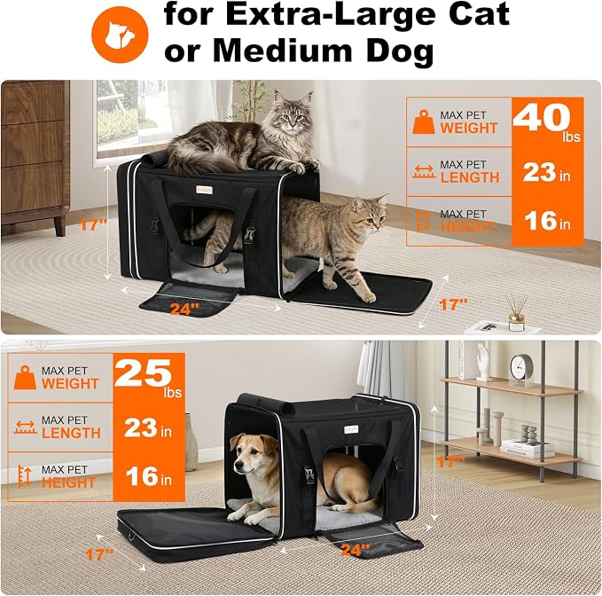 pidipiti 24 x 17 x17 Extra-Large Soft-Sided pet Carrier for 2 Cats / 1 Large cat, car Travel Kennel for Medium Dog,Long Distance Road Trip Transport cage with Litter Box.